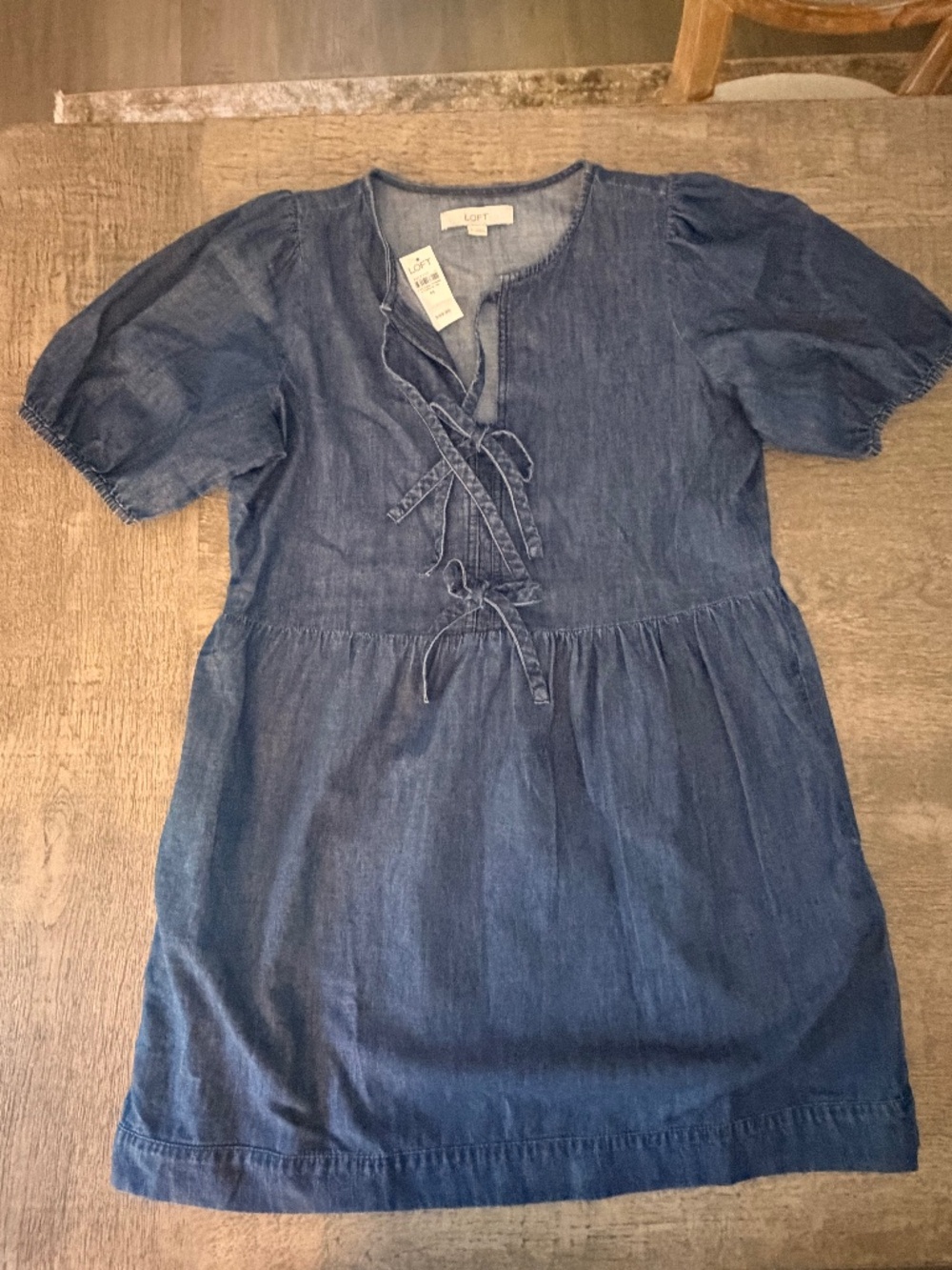 Loft mini denim dress with bows size M NWT